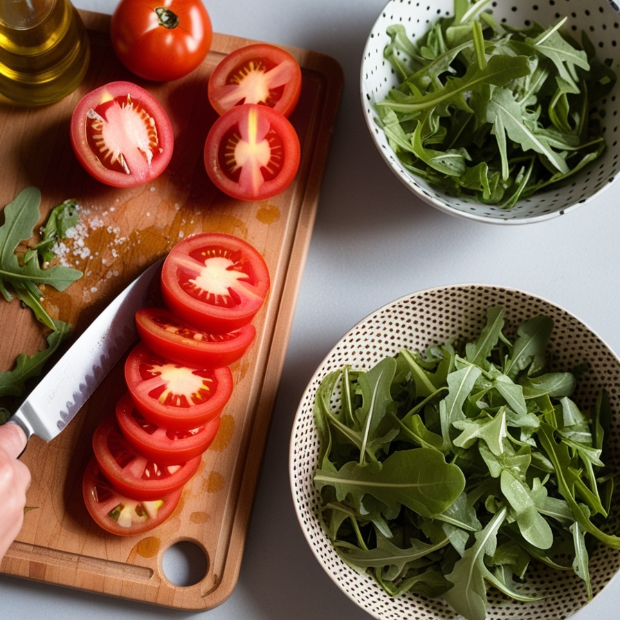 Person slicing fresh tomatoes on a wooden cutting board with salad greens and a bowl nearby — healthy meal prep to lose-weight-on-a-vegan-diet.